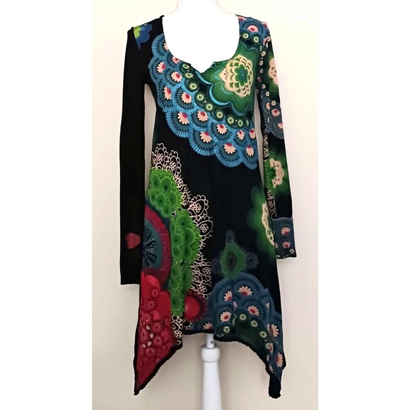 Desigual L/S Dress Bright Abstract Print Asymmetrical Hem Sz S - Picture 4 of 9